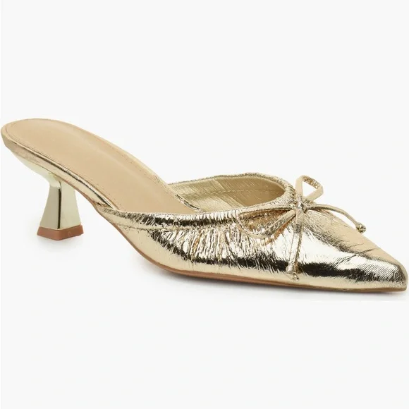 Nicole Miller Bow Kitten Heel Women's Mules Gold distressed - Picture 3 of 4